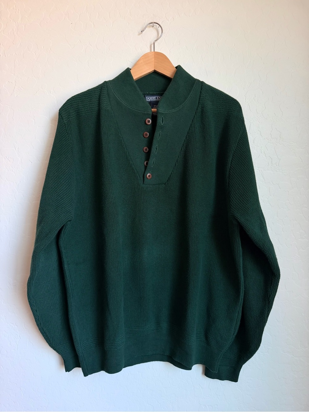 Y2K Lands' End Men’s Dark Green Button-Neck Sweater